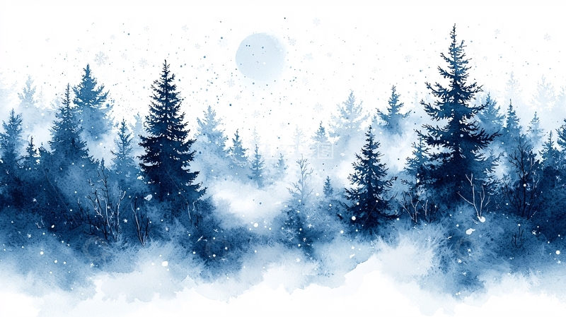 高清大图下载【趣麦麦图】水墨蓝调森林雪景