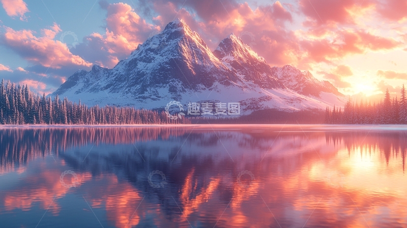 高清大图下载【趣麦麦图】雪山日落湖泊倒影