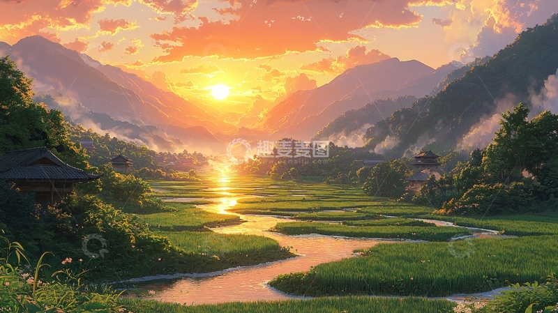 高清大图下载【趣麦麦图】山谷日落田园风光