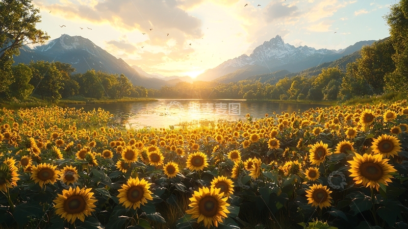 高清大图下载【趣麦麦图】向日葵花海日落美景
