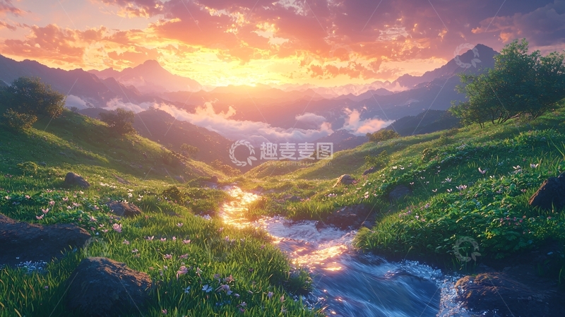 高清大图下载【趣麦麦图】壮丽山河下的日落美景