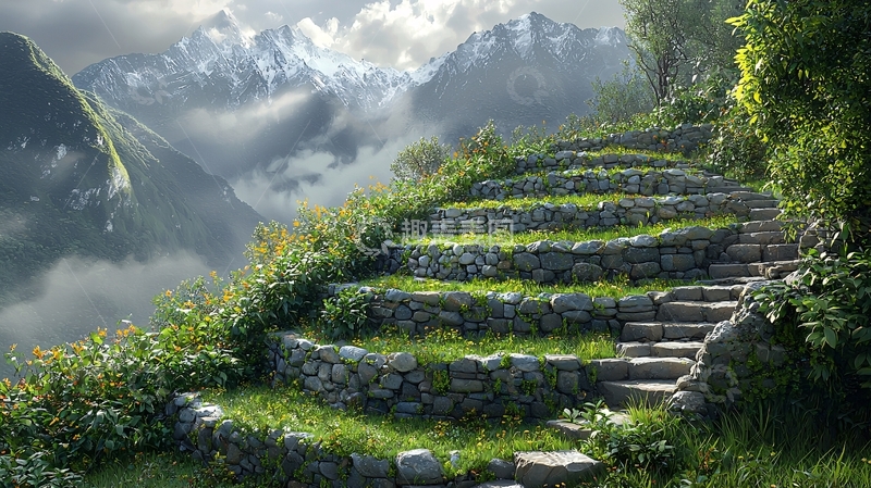 高清大图下载【趣麦麦图】山间石阶云雾缭绕