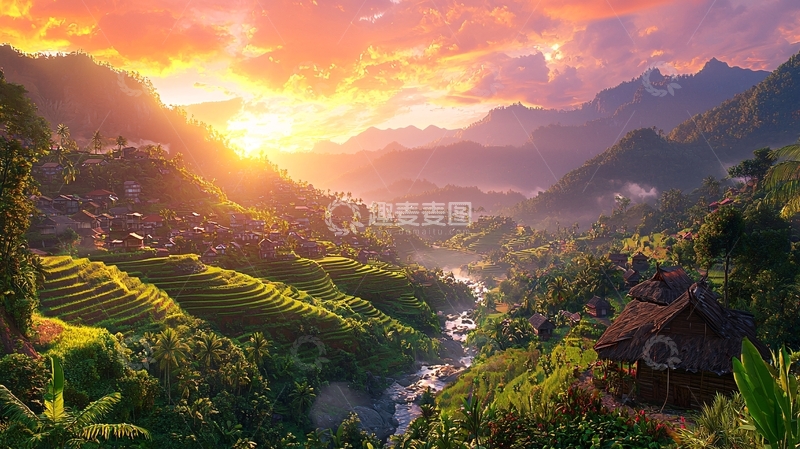 高清大图下载【趣麦麦图】日出山峦田园风光