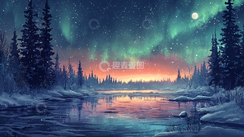 高清大图下载【趣麦麦图】极光下的雪景森林湖泊