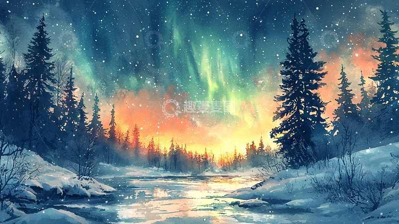 高清大图下载【趣麦麦图】极光下的雪地森林