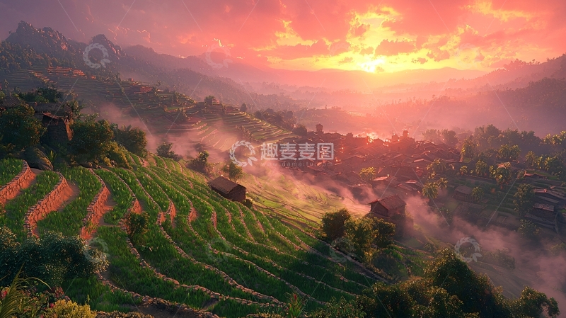 高清大图下载【趣麦麦图】日出云海梯田美景