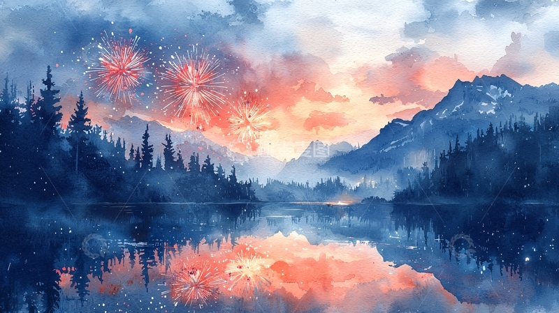 高清大图下载【趣麦麦图】水彩星空山脉湖泊
