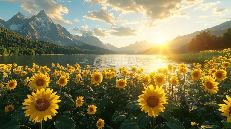 高清大图下载【趣麦麦图】夕阳下向日葵与山湖