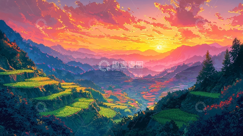 高清大图下载【趣麦麦图】壮丽山河落日晚霞