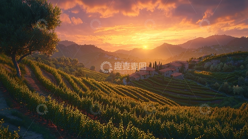 高清大图下载【趣麦麦图】夕阳下的葡萄园山景
