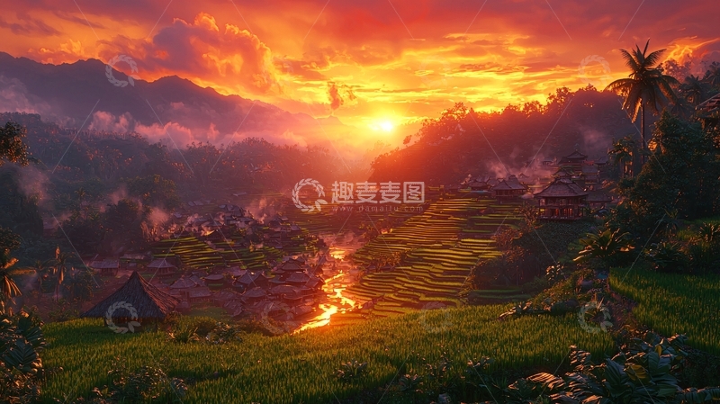 高清大图下载【趣麦麦图】火红的日落山谷景色