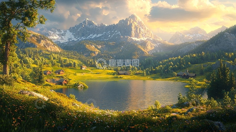 高清大图下载【趣麦麦图】山峦湖泊夕阳美景