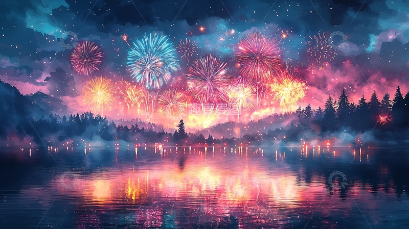 高清大图下载【趣麦麦图】梦幻烟火湖泊夜景