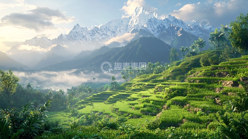 高清大图下载【趣麦麦图】雪山梯田日出景色