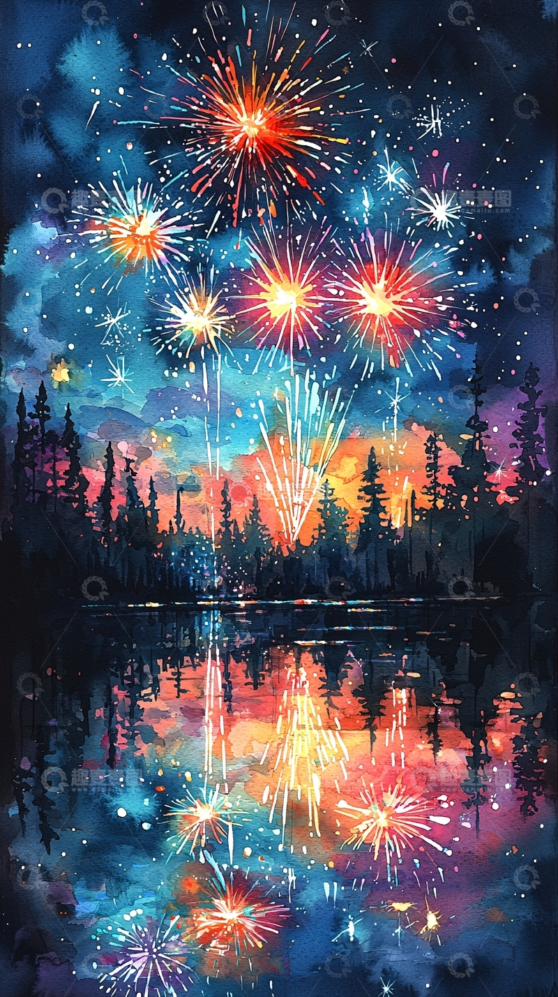 高清大图下载【趣麦麦图】星空烟火湖泊倒影