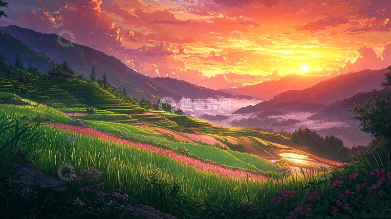 高清大图下载【趣麦麦图】日出山峦梯田美景