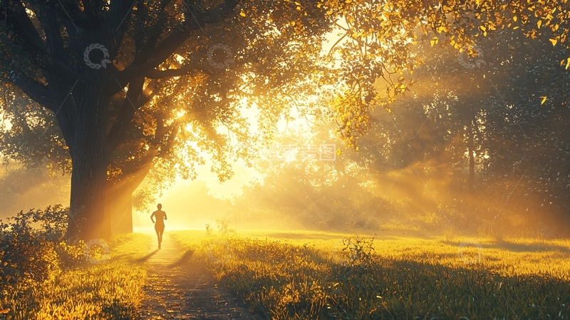 高清大图下载【趣麦麦图】晨曦树林跑步的人
