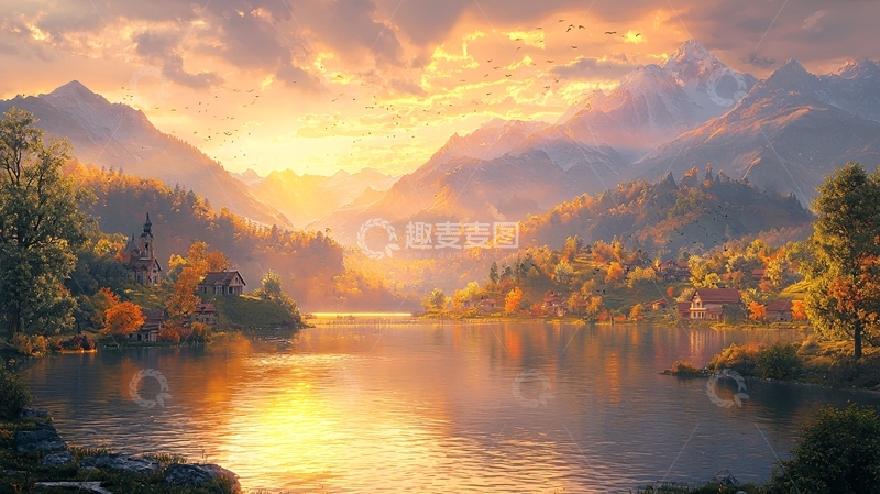 高清大图下载【趣麦麦图】秋日夕阳下的宁静湖泊