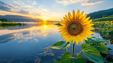 向日葵日出湖边风景