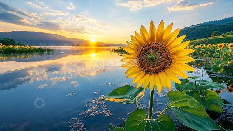 高清大图下载【趣麦麦图】向日葵日出湖边风景