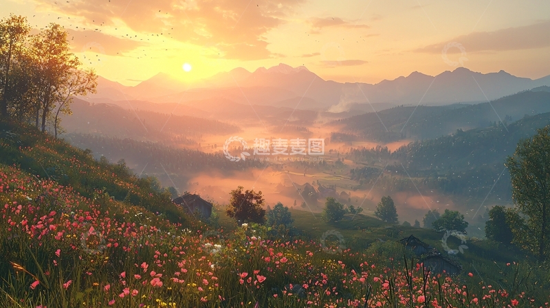 高清大图下载【趣麦麦图】日出山谷清晨雾霭花海