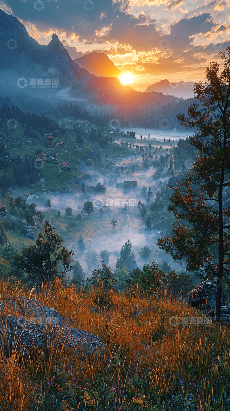 高清大图下载【趣麦麦图】山谷日出雾气缭绕