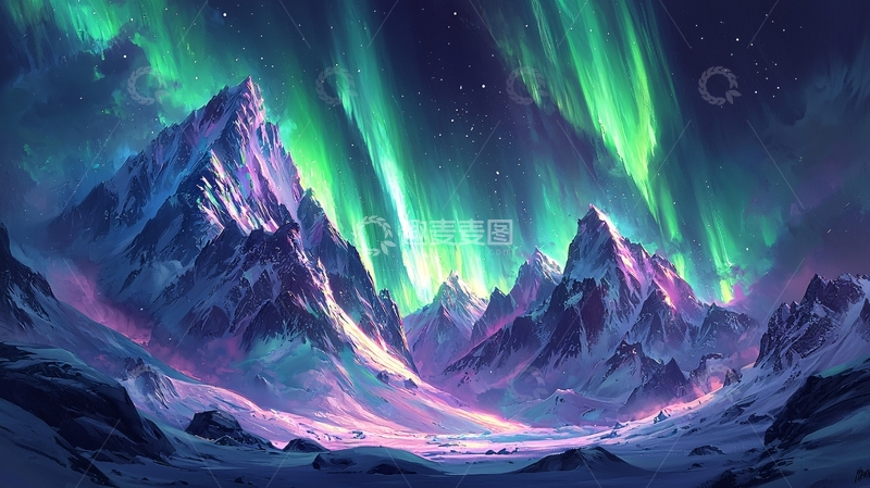 高清大图下载【趣麦麦图】极光下的雪山山脉