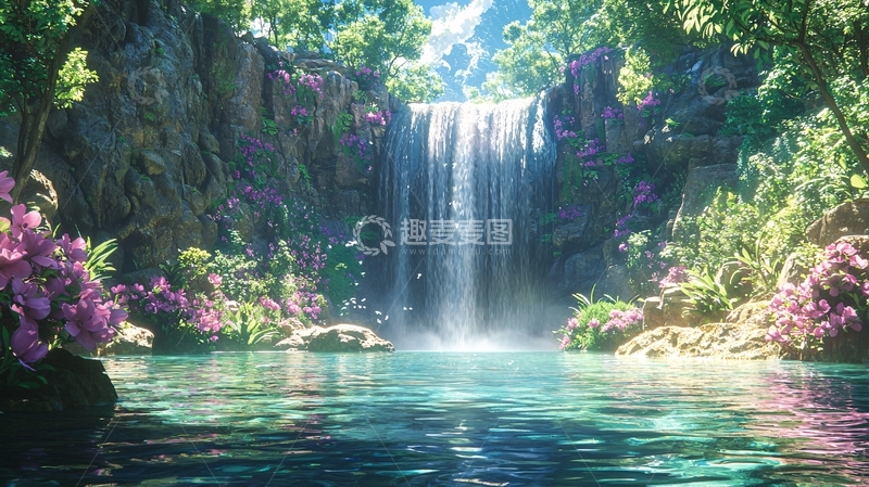 高清大图下载【趣麦麦图】梦幻瀑布森林仙境