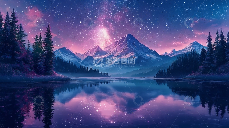 高清大图下载【趣麦麦图】梦幻星空雪山湖泊