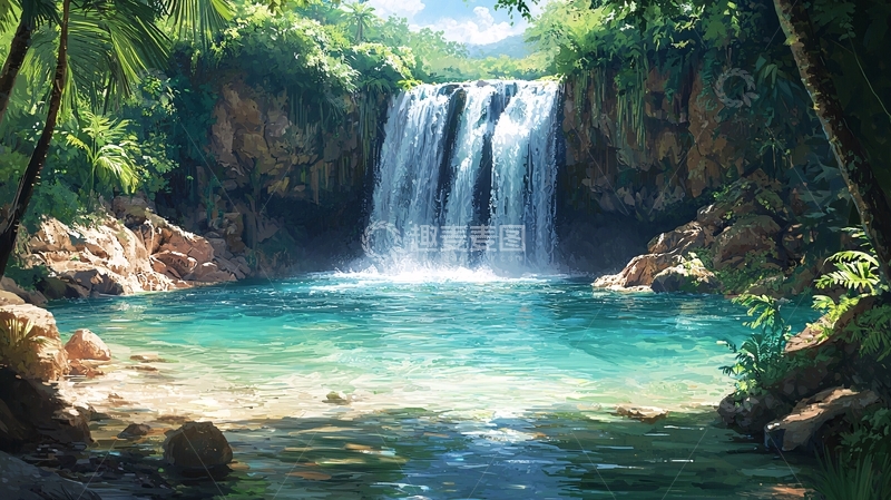 高清大图下载【趣麦麦图】热带雨林瀑布清澈水潭