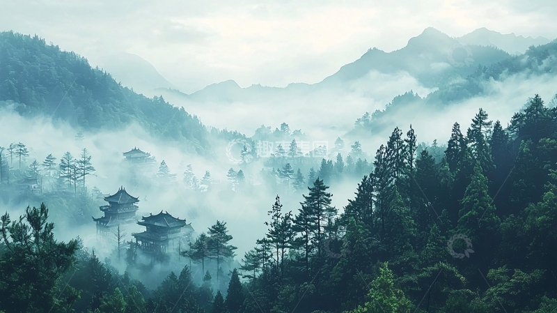 高清大图下载【趣麦麦图】雾气缭绕的山林古寺