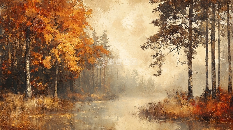 高清大图下载【趣麦麦图】秋日森林河流风景画