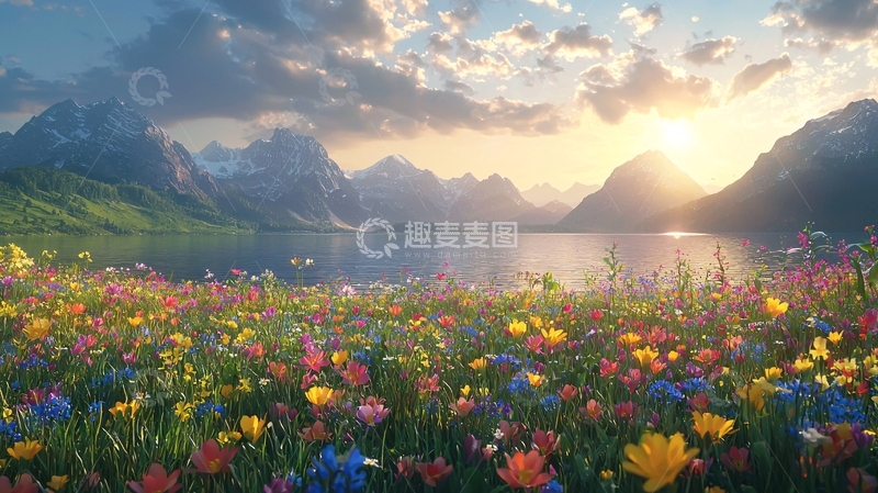 高清大图下载【趣麦麦图】日出山脉鲜花湖泊