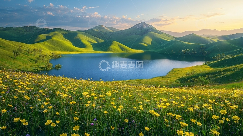 高清大图下载【趣麦麦图】山峰湖泊鲜花田野