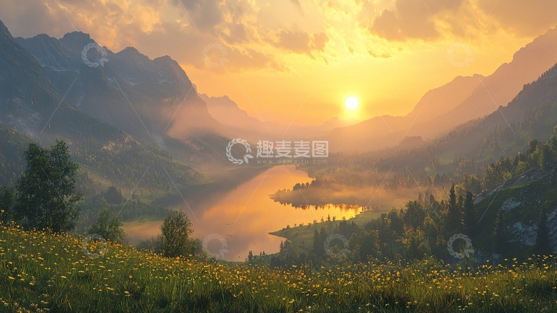 高清大图下载【趣麦麦图】山峦日出湖泊美景