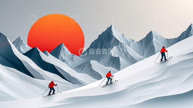 高清大图下载【趣麦麦图】雪山日出滑雪者