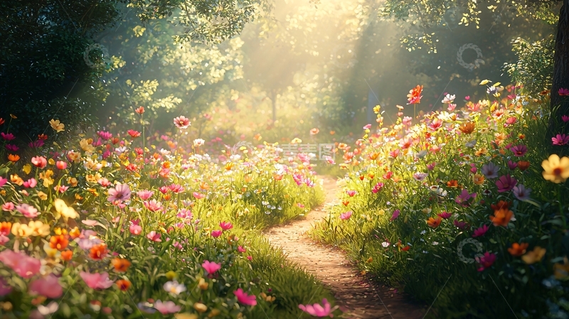 高清大图下载【趣麦麦图】森林小路鲜花盛开