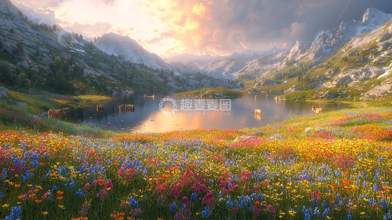 高清大图下载【趣麦麦图】阳光下的山谷湖泊鲜花