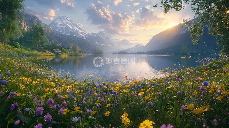 高清大图下载【趣麦麦图】高山湖泊鲜花盛开