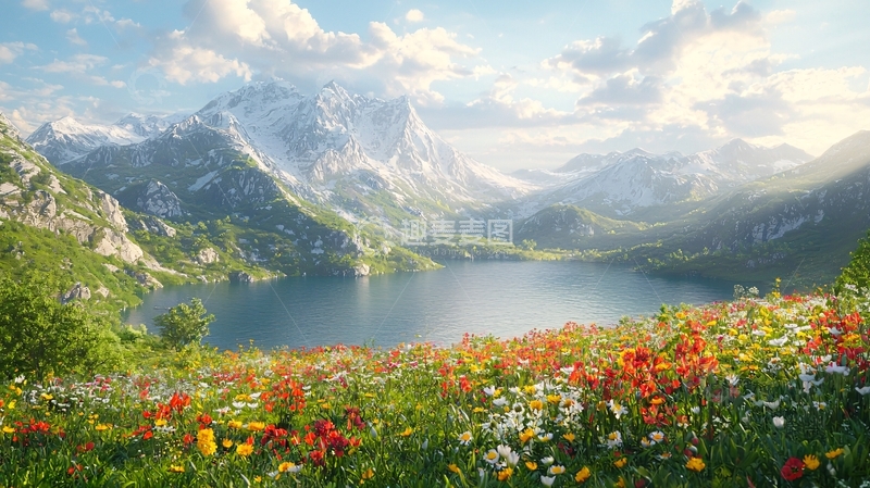 高清大图下载【趣麦麦图】雪山湖泊鲜花盛开
