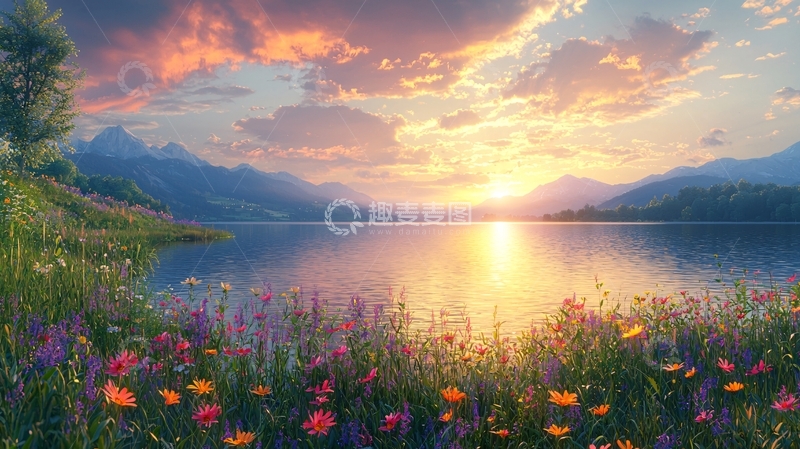 高清大图下载【趣麦麦图】日出湖景鲜花