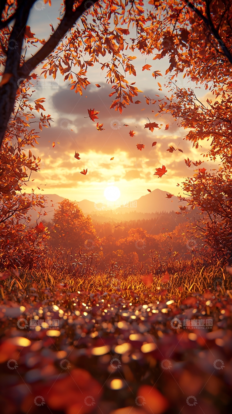 高清大图下载【趣麦麦图】秋日落日枫叶美景