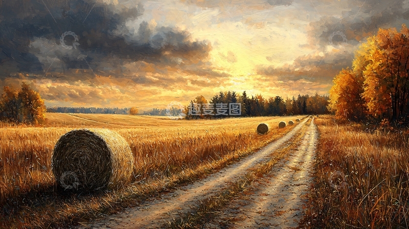高清大图下载【趣麦麦图】秋日田野乡村道路落日余晖