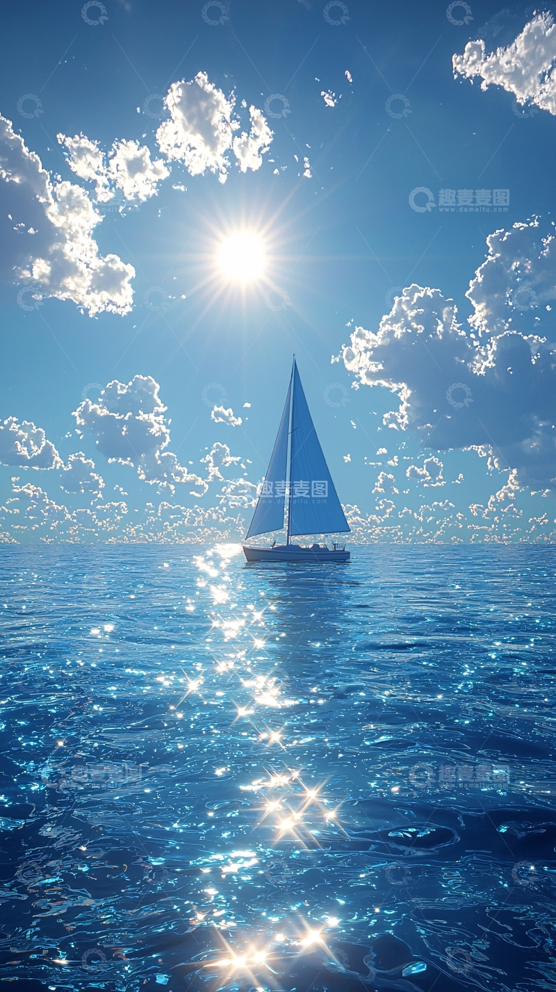 高清大图下载【趣麦麦图】阳光下的蓝色大海帆船