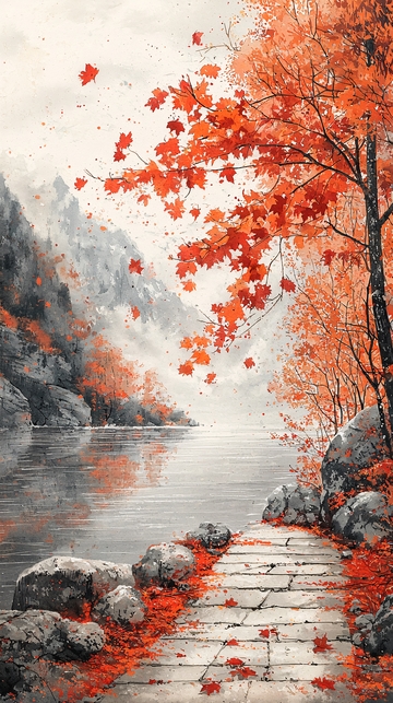 秋日红枫落叶山间小路