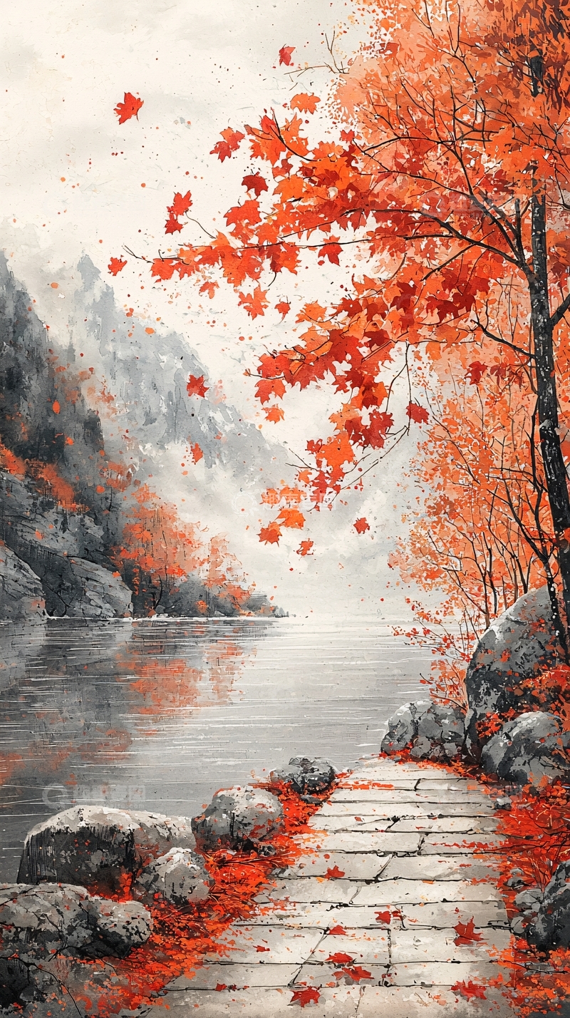 高清大图下载【趣麦麦图】秋日红枫落叶山间小路