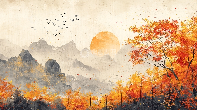 高清大图下载【趣麦麦图】秋日山林夕阳图