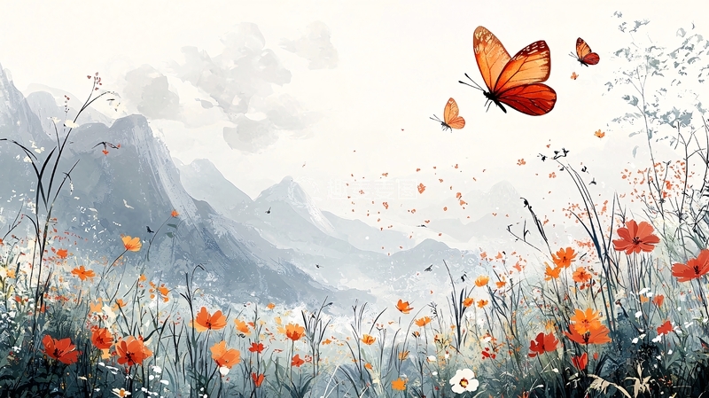 高清大图下载【趣麦麦图】水彩蝴蝶飞舞山间花海