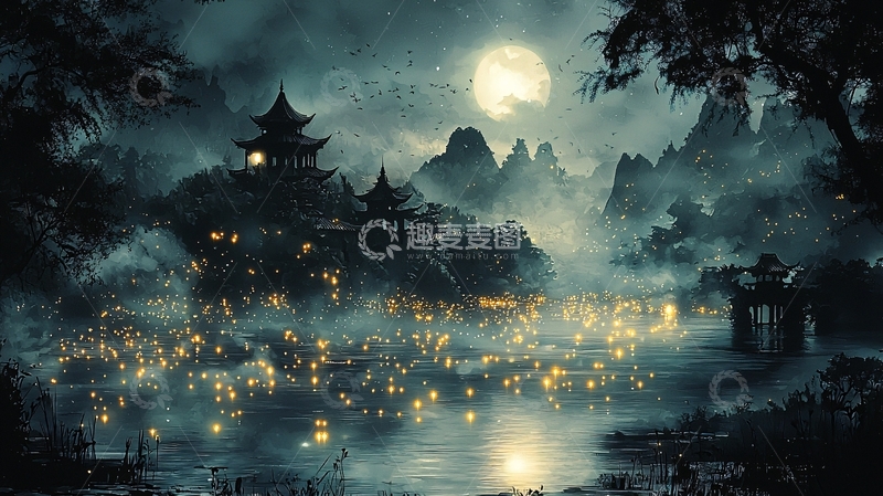 高清大图下载【趣麦麦图】月夜古镇