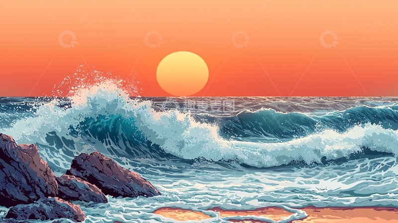 高清大图下载【趣麦麦图】日落海浪拍打岩石